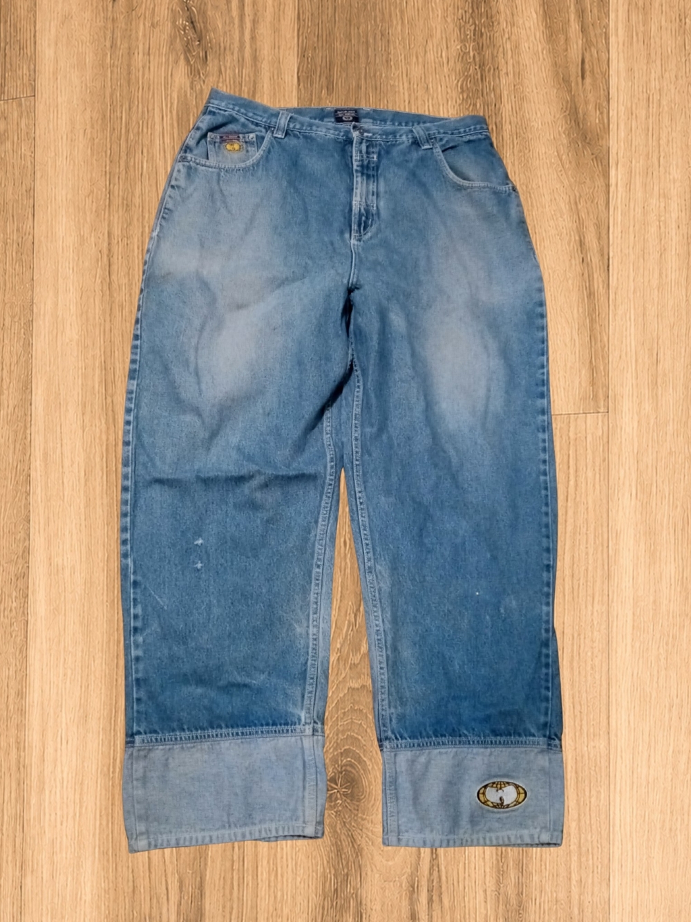 A1) Wu Wear Original Jeans Men's 38x30 Denim Wide Leg Jeans Two-Tone Hem Wu-Tan